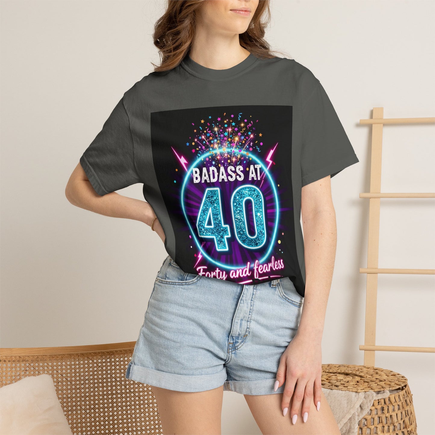 Badass at 40 T-Shirt — Forty and Fearless Neon Birthday Tee
