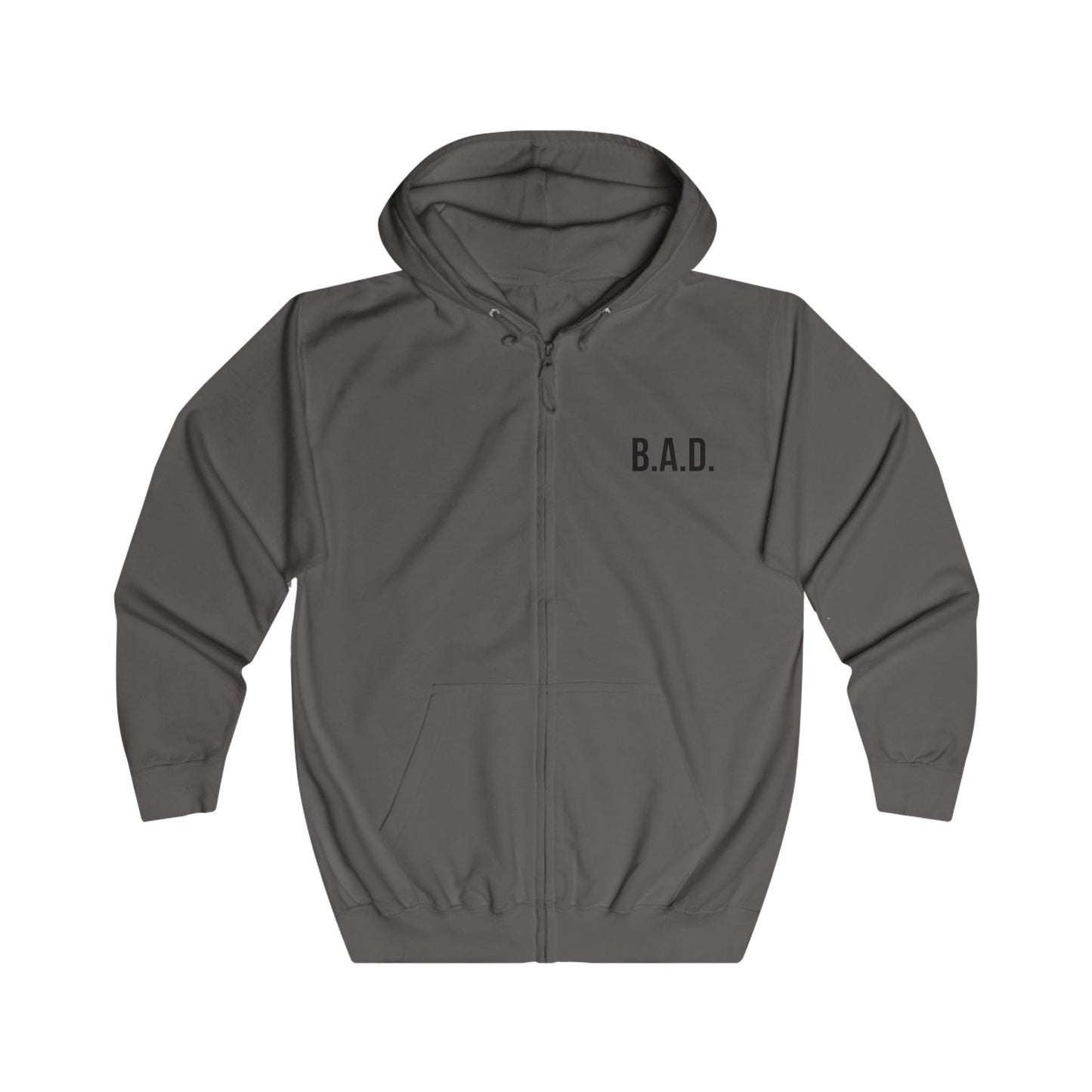 B.A.D. Front / A.S.S. Back Zip Hoodie — Funny Minimalist White Full-Zip Hoodie
