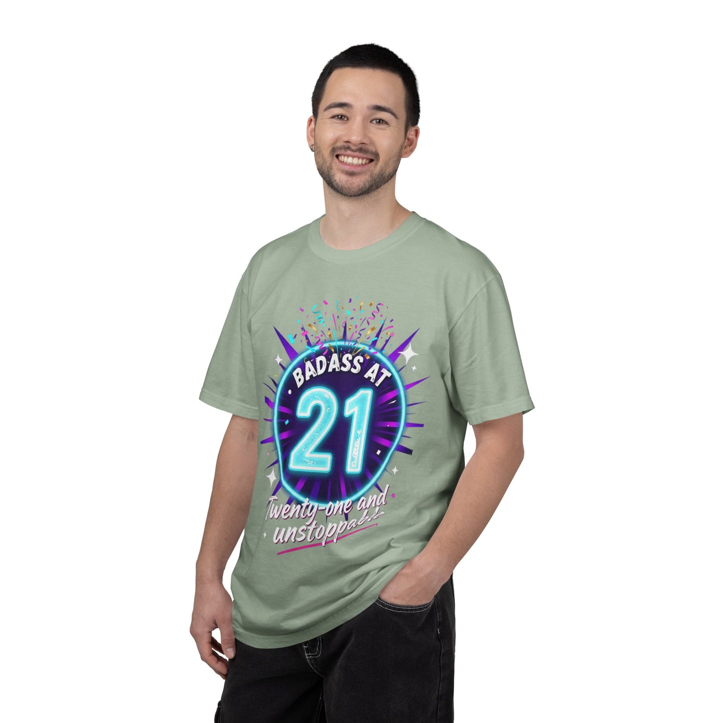 21st Birthday T-Shirt — "Badass at 21" Neon Party Tee