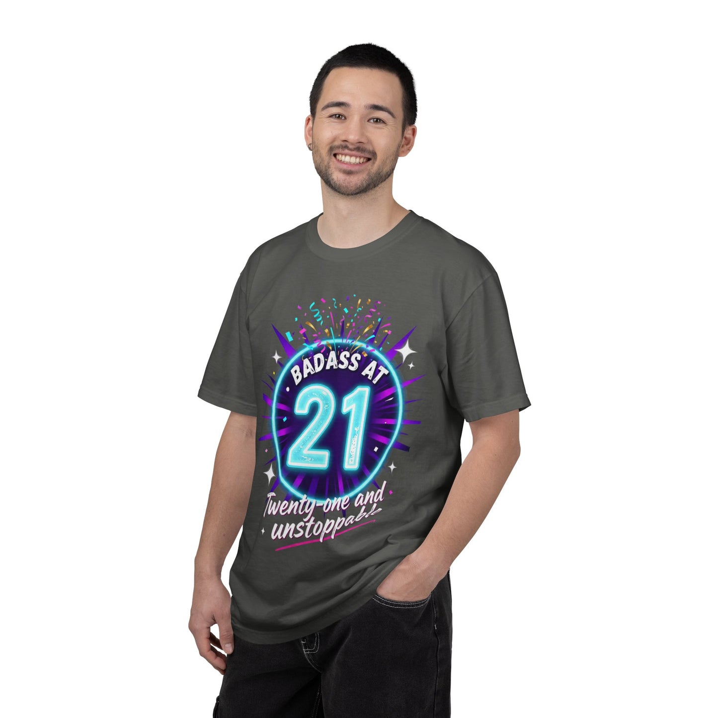 21st Birthday T-Shirt — "Badass at 21" Neon Party Tee
